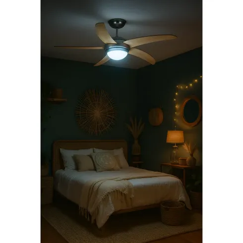 Ventilatore da Soffitto 5 Pale in Legno Ø132 cm Luce e Telecomando 60W