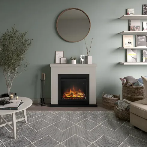 Caminetto Elettrico da Pavimento Tagu Frode con Cornice Decorativa in Legno Beige