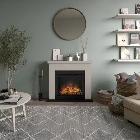 Caminetto Elettrico da Pavimento Tagu Frode con Cornice Decorativa in Legno Beige