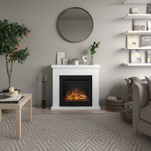 Caminetto Elettrico da Pavimento Tagu Frode con Cornice in Legno Bianco Moderno