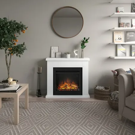 Caminetto Elettrico da Pavimento Tagu Frode con Cornice in Legno Bianco Moderno