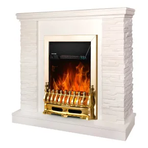 Camino Elettrico Moderno Bianco 2000W Effetto Pietra Finiture Oro
