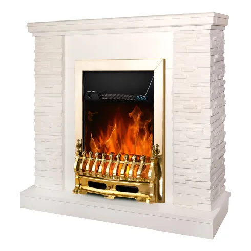 Camino Elettrico Moderno Bianco 2000W Effetto Pietra Finiture Oro
