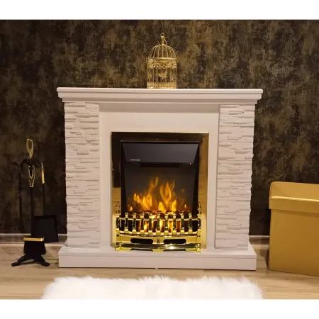 Camino Elettrico Moderno Bianco 2000W Effetto Pietra Finiture Oro