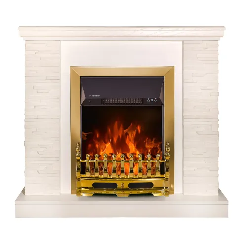 Camino Elettrico Moderno Bianco 2000W Effetto Pietra Finiture Oro