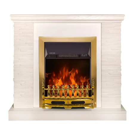 Camino Elettrico Moderno Bianco 2000W Effetto Pietra Finiture Oro