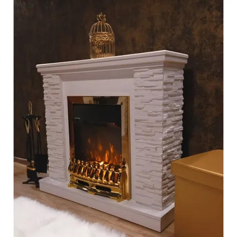 Camino Elettrico Moderno Bianco 2000W Effetto Pietra Finiture Oro