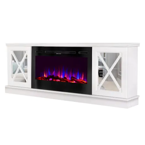 Camino Elettrico con Mobile Specchiato Bianco 1500W Moderno per Soggiorno