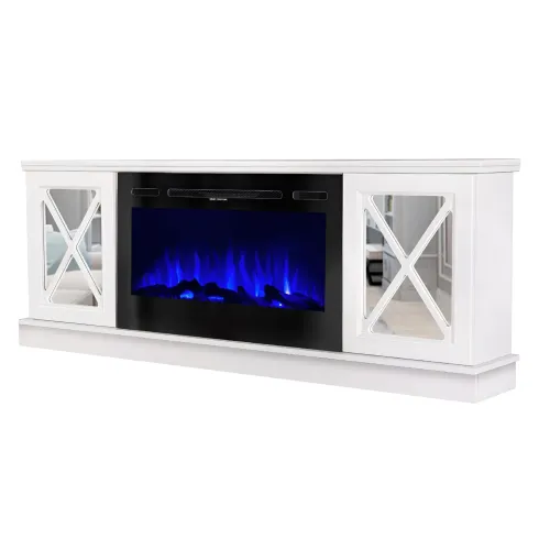 Camino Elettrico con Mobile Specchiato Bianco 1500W Moderno per Soggiorno