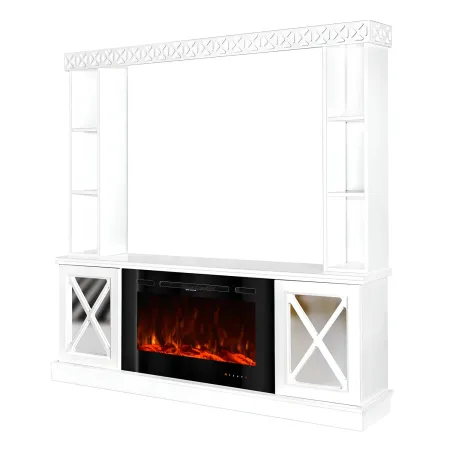 Camino Elettrico 1500W Bianco con Scaffale Portaoggetti Specchiato Moderno