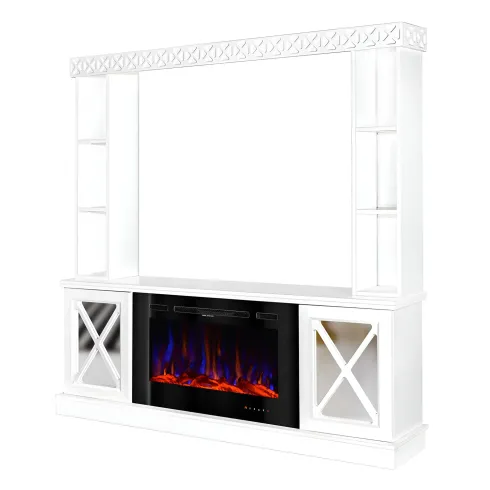 Camino Elettrico 1500W Bianco con Scaffale Portaoggetti Specchiato Moderno