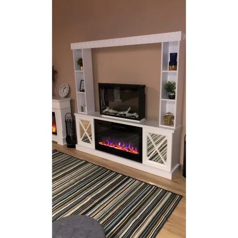 Camino Elettrico 1500W Bianco con Scaffale Portaoggetti Specchiato Moderno