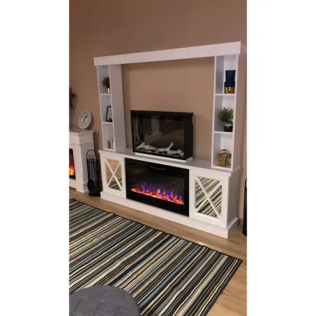 Camino Elettrico 1500W Bianco con Scaffale Portaoggetti Specchiato Moderno