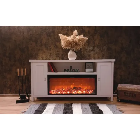 Mobile Camino Elettrico 1500W Rustico da Soggiorno Bianco Fiamma Arancione