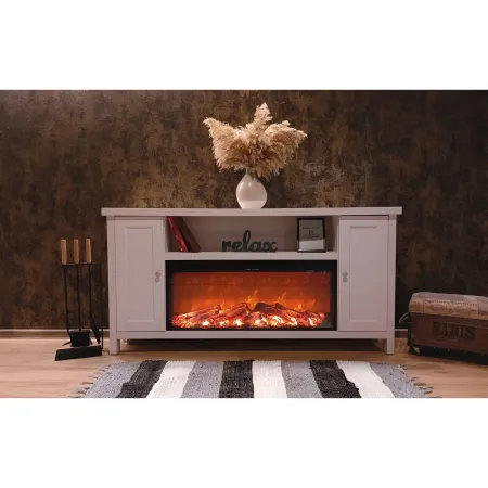 Mobile Camino Elettrico 1500W Rustico da Soggiorno Bianco Fiamma Arancione