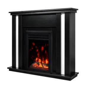 Camino Elettrico Nero con Inserti Bianchi 1500W Classico con Fiamma LED