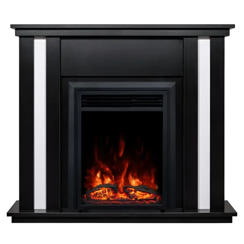 Camino Elettrico Nero con Inserti Bianchi 1500W Classico con Fiamma LED