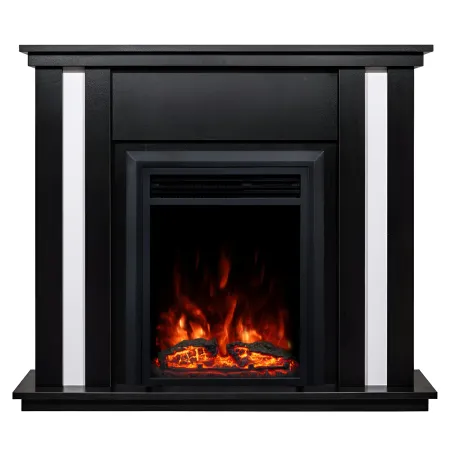 Camino Elettrico Nero con Inserti Bianchi 1500W Classico con Fiamma LED
