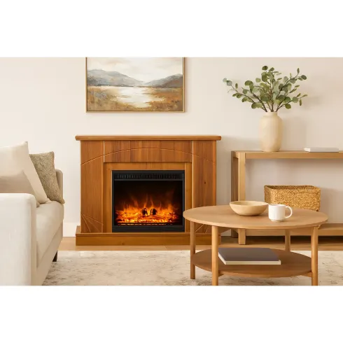 Camino Elettrico con Mantello Legno Noce 1500W Fiamma LED 3 Colori
