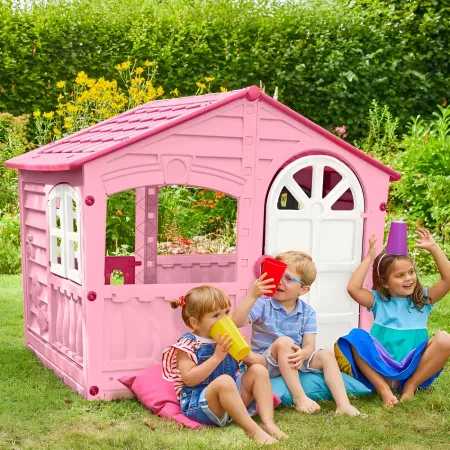 Casetta da Giardino per Bambini Rosa in Plastica Porta e Finestre Apribili