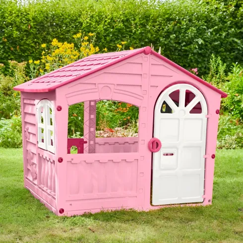 Casetta da Giardino per Bambini Rosa in Plastica Porta e Finestre Apribili