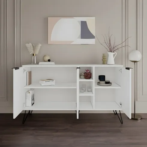 Credenza Madia con Nicchie 3 Ante Bianco per Soggiorno Gambe Metalliche