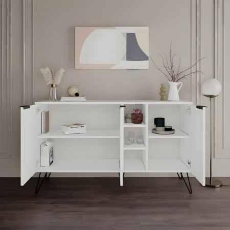 Credenza Madia con Nicchie 3 Ante Bianco per Soggiorno Gambe Metalliche