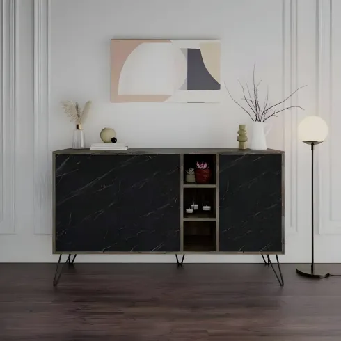 Credenza Madia 3 Ante con Nicchie Effetto Marmo Nero per Soggiorno