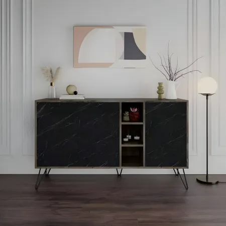 Credenza Madia 3 Ante con Nicchie Effetto Marmo Nero per Soggiorno