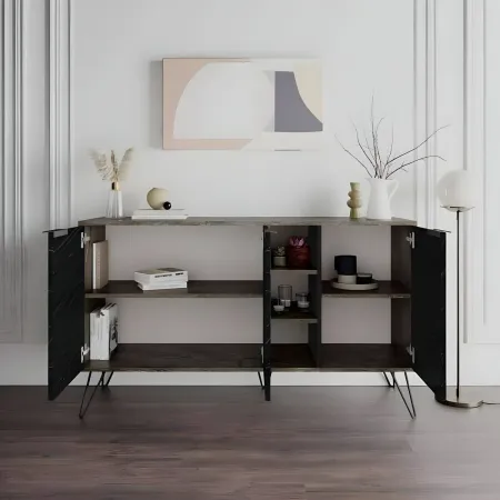 Credenza Madia 3 Ante con Nicchie Effetto Marmo Nero per Soggiorno