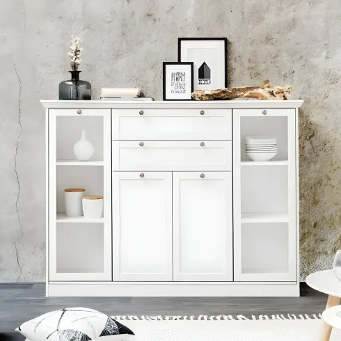 Credenza 4 Ante 2 cassetti Vetrina e Ripiani da Soggiorno Classico Bianco