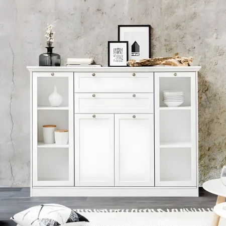Credenza 4 Ante 2 cassetti Vetrina e Ripiani da Soggiorno Classico Bianco
