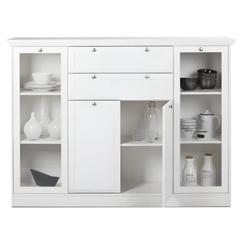 Credenza 4 Ante 2 cassetti Vetrina e Ripiani da Soggiorno Classico Bianco