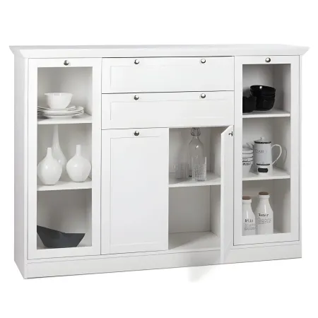 Credenza 4 Ante 2 cassetti Vetrina e Ripiani da Soggiorno Classico Bianco