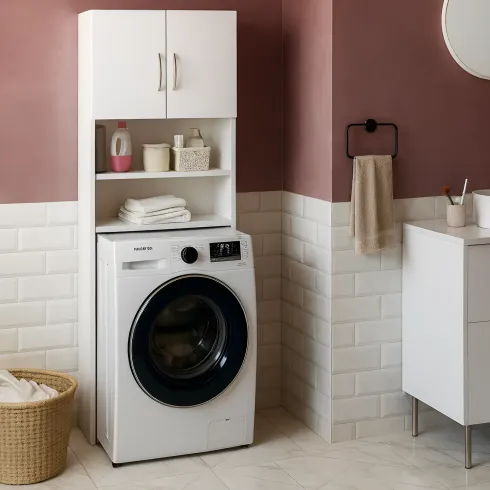 Mobile Coprilavatrice con Ripiani e 2 Ante da Interno 64x20x180 cm Bianco