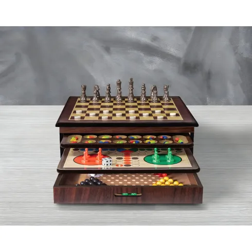 Set Giochi da Tavolo in Legno per Famiglia Vassoi Estraibili Accessori Inclusi