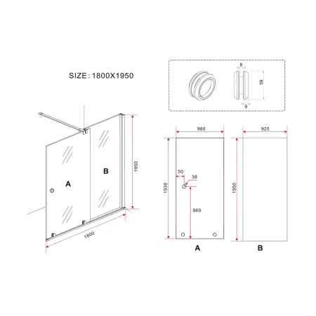 Parete Doccia Walk In da 8 mm misura 120 140 160 180 Box Lato Anta Fissa