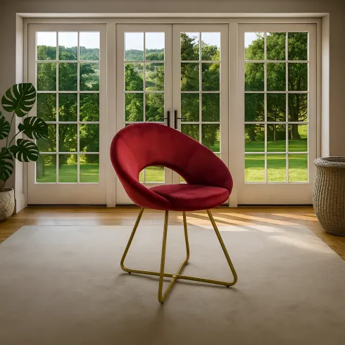 Set 2 Poltrone da Interno in Velluto Rosso con Gambe in Metallo Dorato