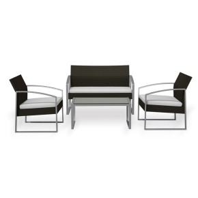 Salotto da Esterno Nero Eco Rattan Divano 2 Poltrone Tavolino Giardino Cuscini