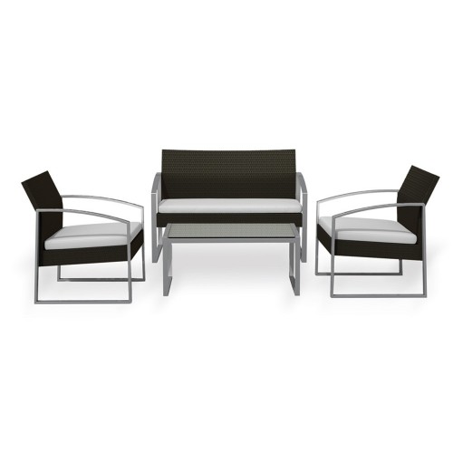 Salotto da Esterno Nero Eco Rattan Divano 2 Poltrone Tavolino Giardino Cuscini