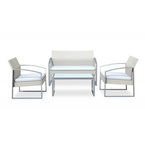 Salotto Esterno Set Beige Polyrattan Divano 2 Poltrone Tavolino Basso Giardino