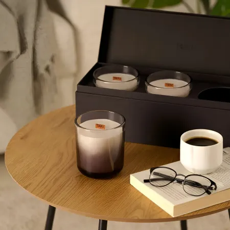 Set 3 Candele TAGU Effetto Camino in Vetro Nero con Stoppino in Legno