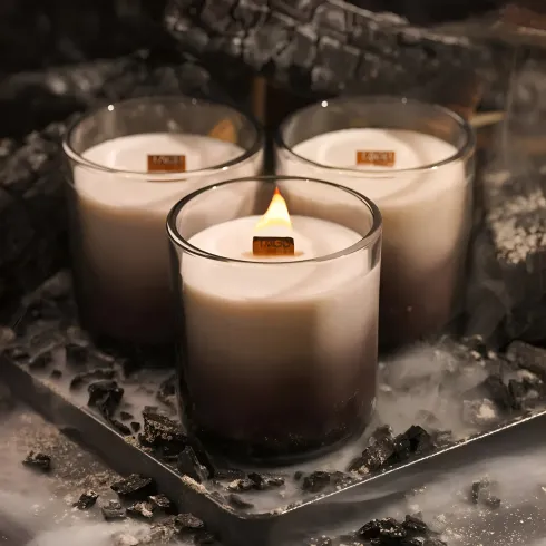 Set 3 Candele TAGU Effetto Camino in Vetro Nero con Stoppino in Legno