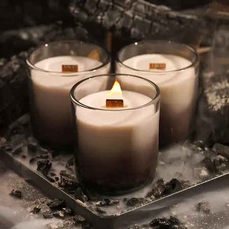 Set 3 Candele TAGU Effetto Camino in Vetro Nero con Stoppino in Legno
