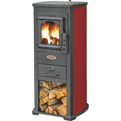 Stufa a Legna 5kW Rosso Compatta Piastra Ghisa Vano Legna da Interno