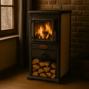 Stufa a Legna 5kW Beige Compatta Piastra Ghisa Vano Legna da Interno 2