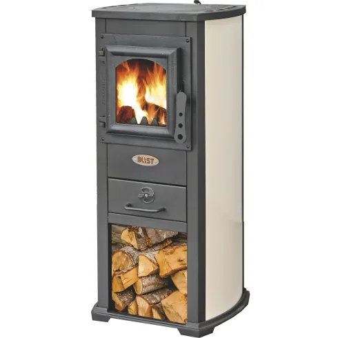 Stufa a Legna 5kW Beige Compatta Piastra Ghisa Vano Legna da Interno