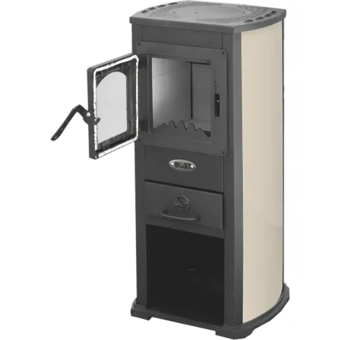 Stufa a Legna 5kW Beige Compatta Piastra Ghisa Vano Legna da Interno