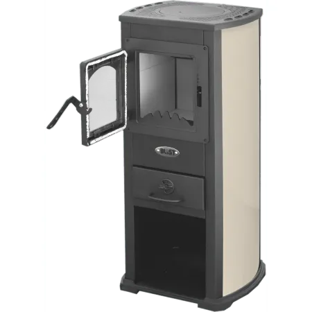 Stufa a Legna 5kW Beige Compatta Piastra Ghisa Vano Legna da Interno