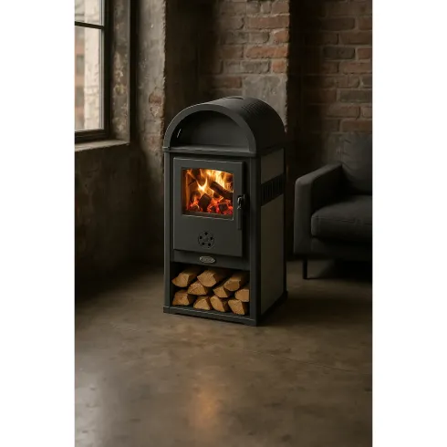 Stufa a Legna 8kW Beige con Vano Legna Maniglia Anti-Scottatura Ghisa